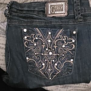 Grace Skinny Jeans in Dark Blue with Embellished Pocket